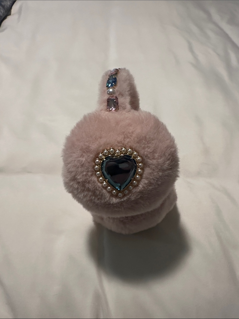 Pink Faux Fur Heart Earmuffs with Pearl Accent